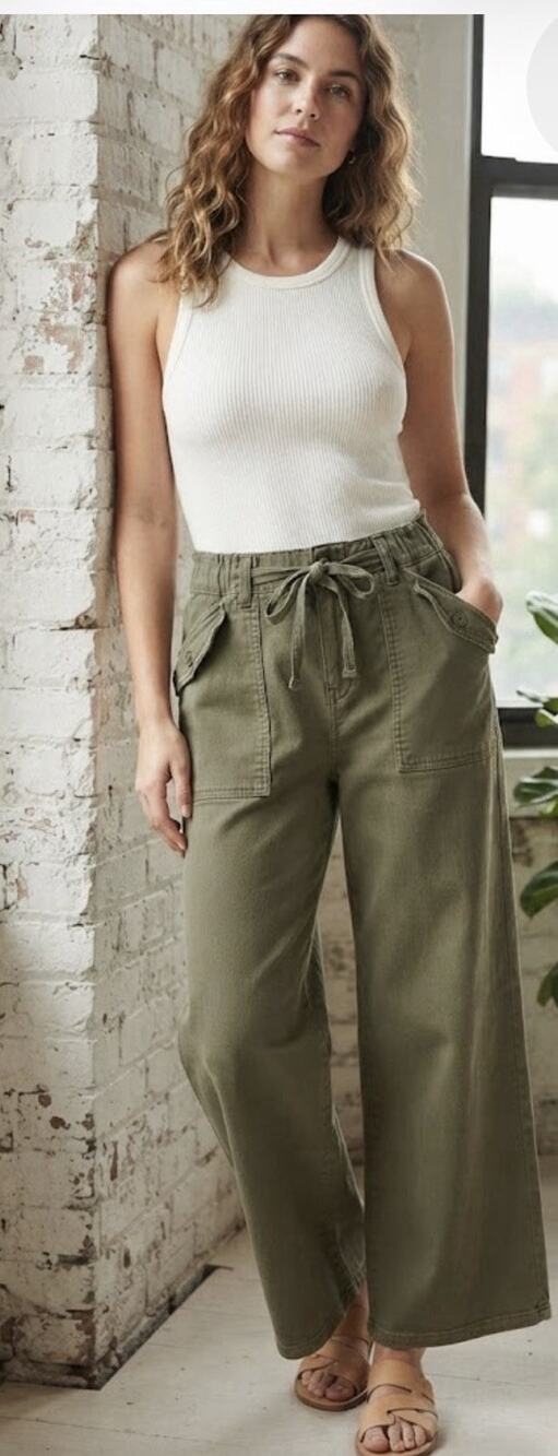 Easel Los Angeles Olive Cargo Pants Size Small Tie Waist Wide Leg Cotton Spandex
